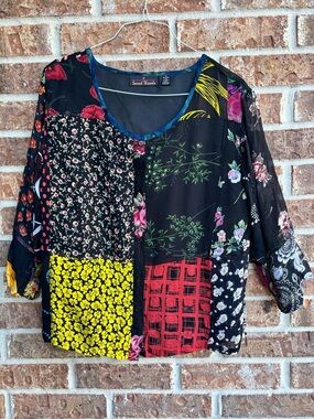 Sacred Threads Patchwork Floral Button-Front Top in Black Multi sheer blouse